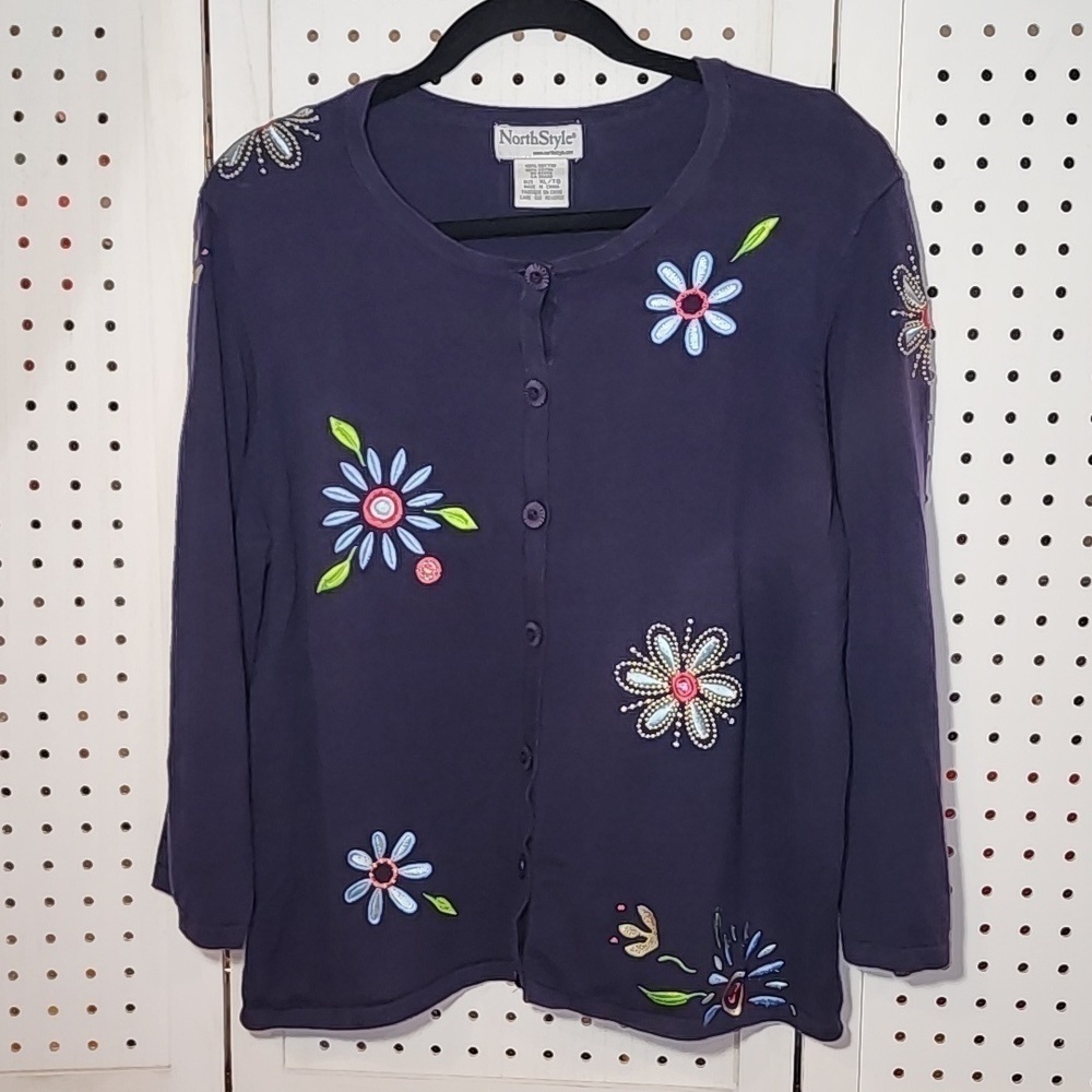 North Style size XL Deep Purple Cardigan Embroidered Cottage-core Vintage Bright